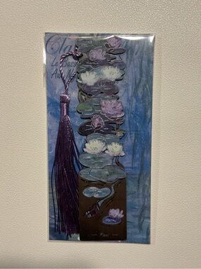 Claude Monet Floral Water Lily Metal Bookmark with Purple Tassel
